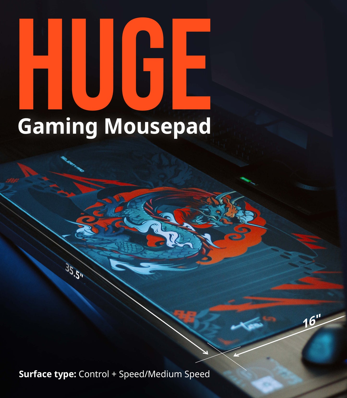 Pro Gaming Mouse Pad XL 35,5" х 15,8", Thick(4mm) - Control + Speed - Waterproof - Non-Slip Base - Extended Extra Large Desk Mat 900х400x4mm (Tatsu Orange Ocean)